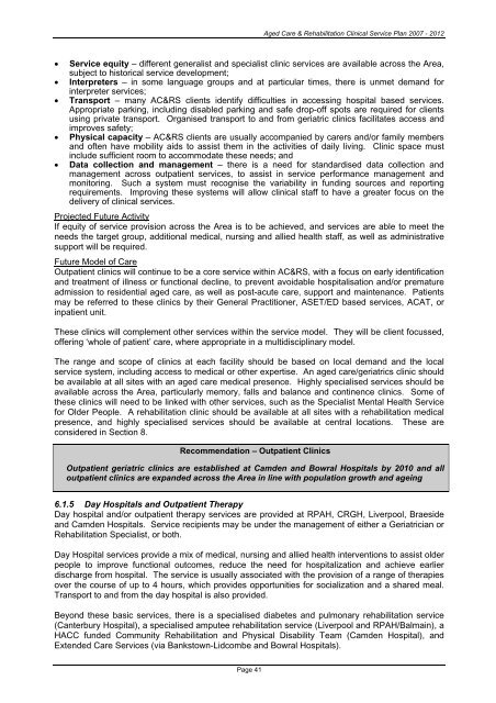Aged Care & Rehabilitation Clinical Services Plan 2007 Ã¢Â€Â“ 2012