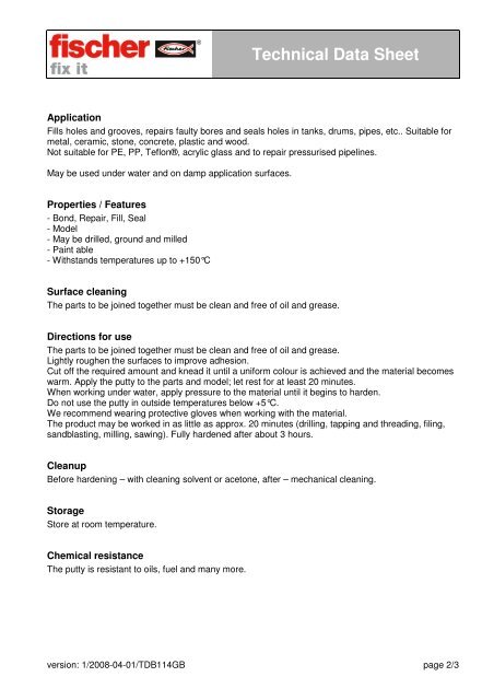 Technical Data Sheet fischer fixit 2K Epoxy modelling putty 2K EK