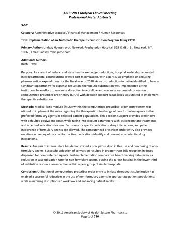 ASHP 2011 Midyear Clinical Meeting Professional Poster Abstracts