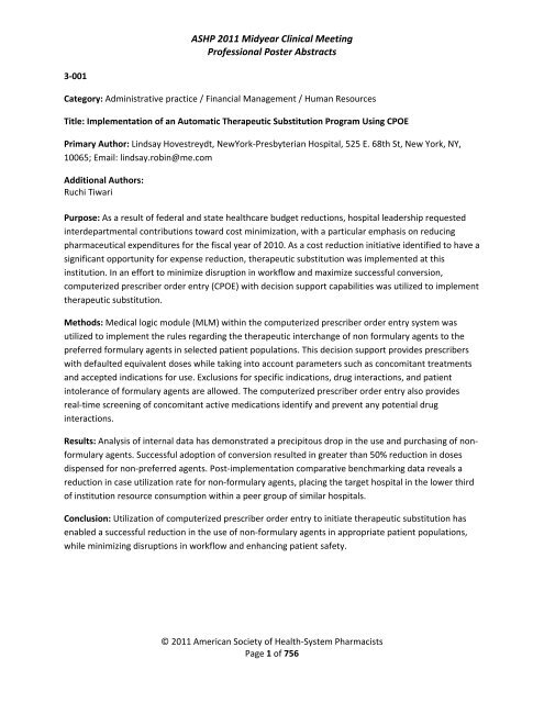 ASHP 2011 Midyear Clinical Meeting Professional Poster Abstracts