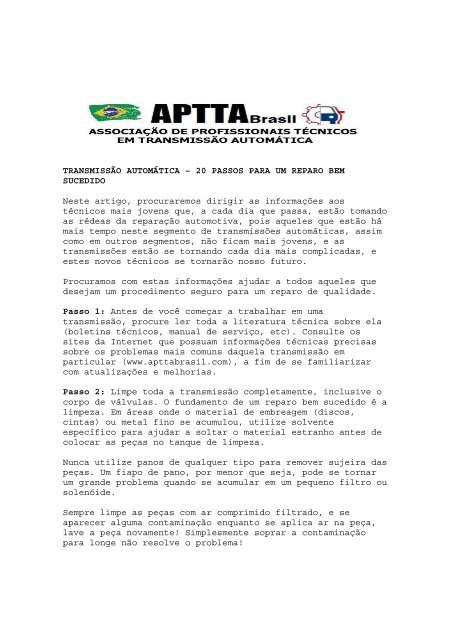 TRANSMISSÃO AUTOMÁTICA – 20 PASSOS PARA ... - Aptta Brasil