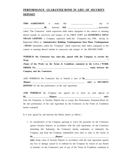 Issuing Performance Guarantee PERFORMANCE GUARANTEE BOND IN LIEU OF ... - Vizag Steel
