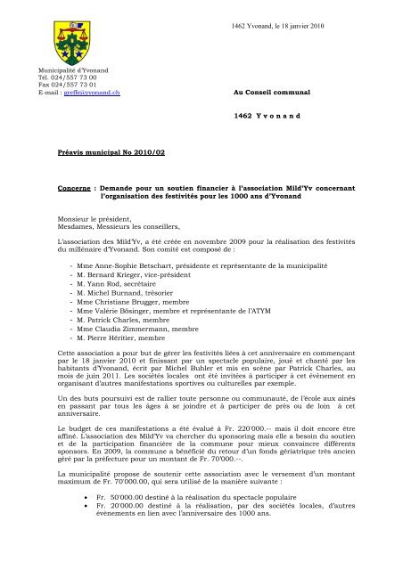 PrÃƒÂ©avis 2010/02 Demande pour un soutien financier ÃƒÂ  l ... - Yvonand