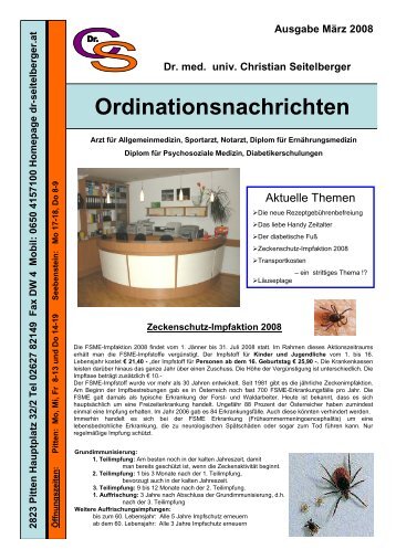 Ordinationsnachrichten MÃ¤rz 2008 - Dr. Christian Seitelberger