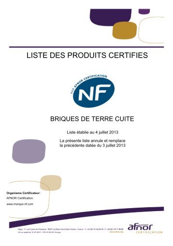 LISTE DES PRODUITS CERTIFIES - Marque NF