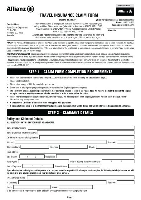 Travel Insurance Claim Form Ais Insurance Brokers