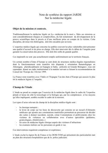 Note de synthÃ¨se du rapport JARDE Sur la mÃ©decine lÃ©gale.