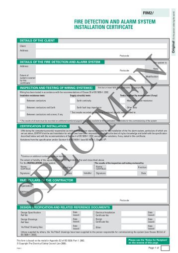 Fire detection and Alarm Test Certificate 19/09 