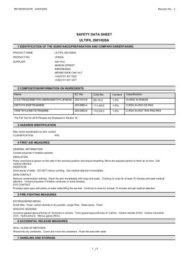 SAFETY DATA SHEET ULTIFIL 2001/820A - AET