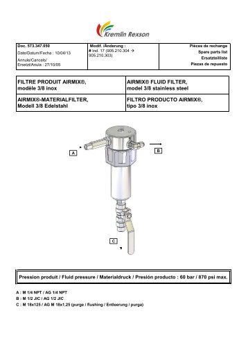 FILTRE PRODUIT AIRMIX®, modèle 3/8 inox ... - Kremlin Rexson