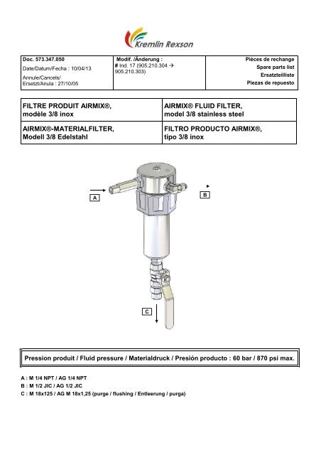 FILTRE PRODUIT AIRMIX®, modèle 3/8 inox ... - Kremlin Rexson