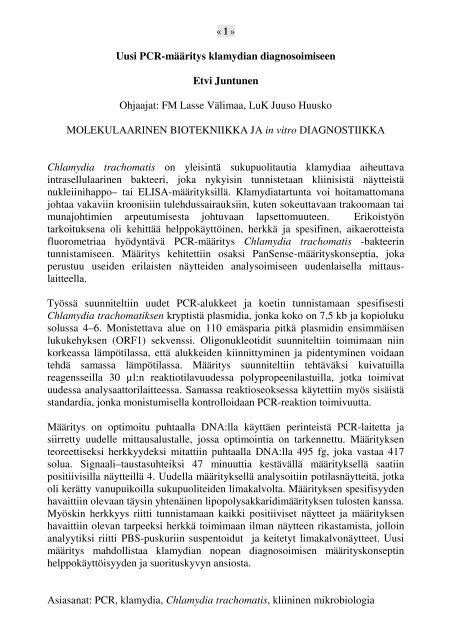 « 1 » Uusi PCR-määritys klamydian diagnosoimiseen Etvi Juntunen ...