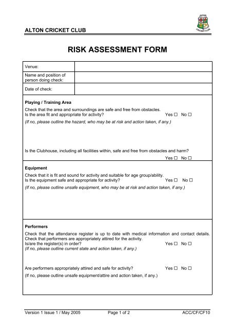 Cf10 Risk Assessment Form Alton Cricket Club