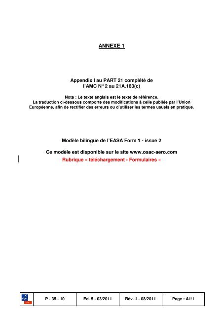 EASA Form 1 Certificat libÃ©ratoire autorisÃ© Production de piÃ¨ces ...