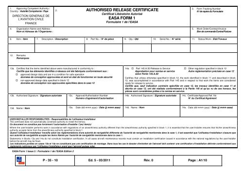 EASA Form 1 Certificat libÃ©ratoire autorisÃ© Production de piÃ¨ces ...