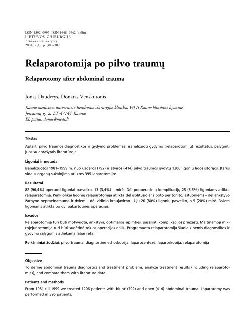 Relaparotomija po pilvo traumų Relaparotomy after abdominal trauma