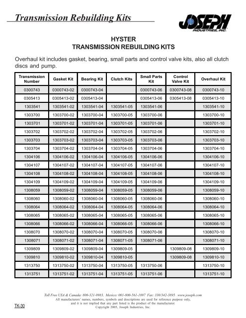 Transmission Rebuilding Kits - Joseph Industries, Inc.