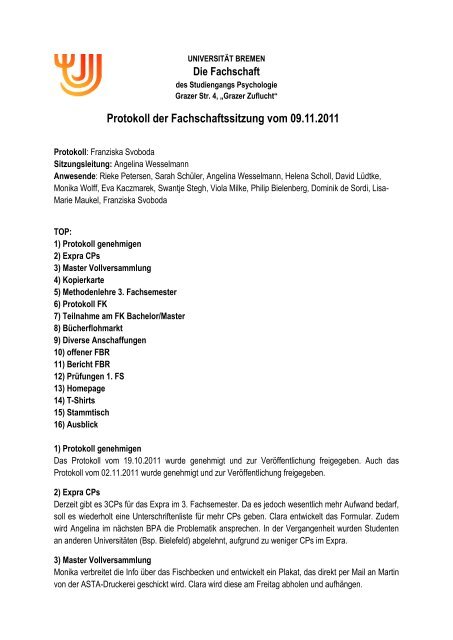 Protokoll der Fachschaftssitzung vom 09.11.2011