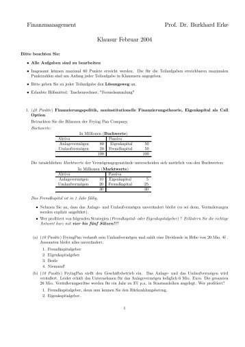 Finanzmanagement Prof. Dr. Burkhard Erke Klausur Februar 2004