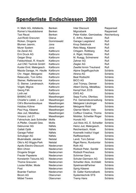 Spenderliste Endschiessen 2008  - MSV Rufi-Maseltrangen