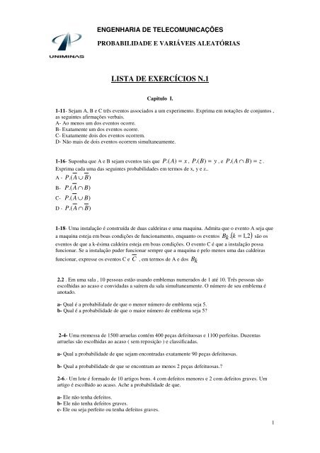 LISTA DE EXERCÃCIOS N.1 - Si.lopesgazzani.com.br