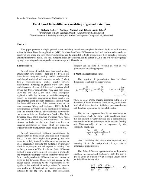 Excel Based Finite Difference Modeling of Ground Water Flow