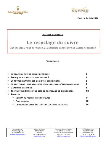 Dossier de presse - Le recyclage du cuivre.pdf - Le Centre d ...