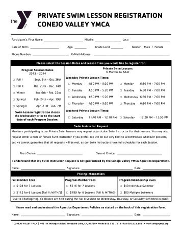 Private Swim Lesson Schedule / Registration Form
