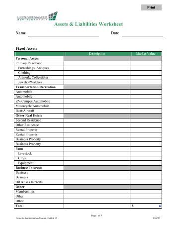 Printables Assets And Liabilities Worksheet my assets liabilities and net worth worksheet worksheet