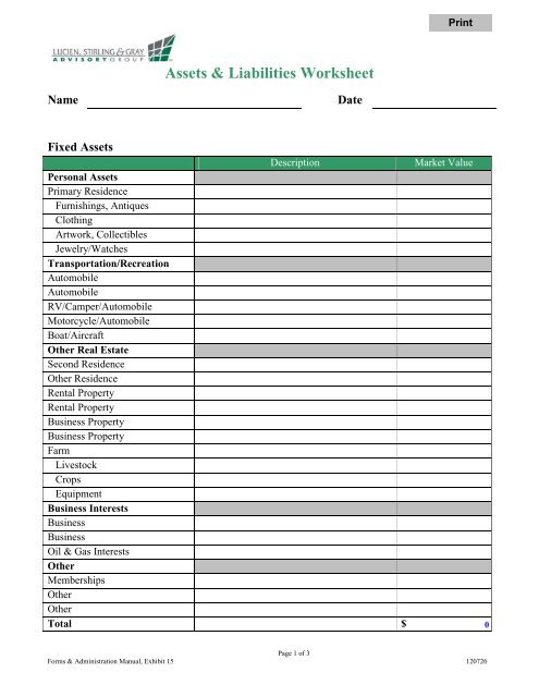 Assets & Liabilities Worksheet