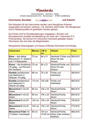 Preisliste Instrumente und Zubehör als PDF - Monochordia