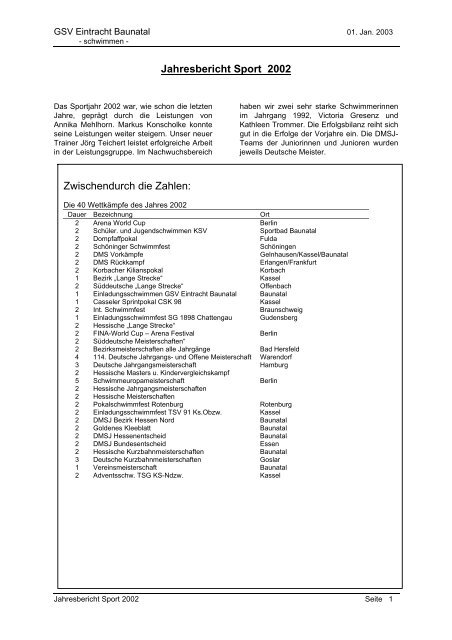 Jahresbericht Sport 2002 Zwischendurch die ... - SG ACT/Baunatal