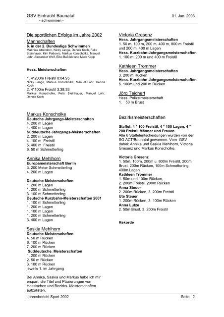 Jahresbericht Sport 2002 Zwischendurch die ... - SG ACT/Baunatal