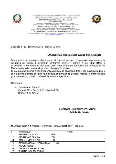 Pagina 1 di 2 Circolare n. 19 del 04/04/2013 prot. n. 3847/C Al ...