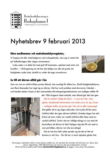 Nyhetsbrev 2013-02-09.pdf - Brf Roslagsbanan 1 - Bostadsrätterna