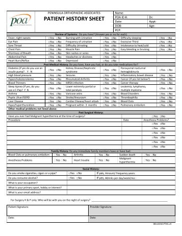 PATIENT HISTORY SHEET - Peninsula Orthopaedic Associates, P.A.