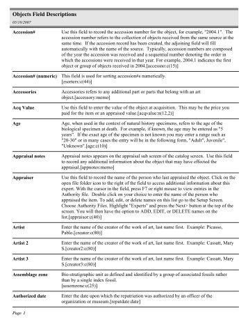 Objects Field Descriptions - PastPerfect Museum Software