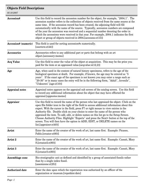 Objects Field Descriptions - PastPerfect Museum Software
