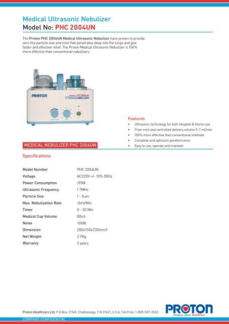 Medical Ultrasonic Nebulizer Model No: PHC 2004UN - PROTON ...