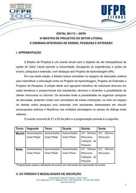 1 edital 001/13 â gepa vi mostra de projetos do setor ... - UFPR Litoral