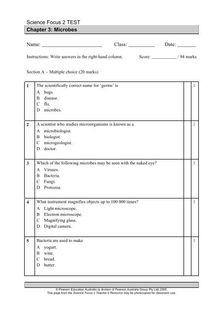 Science Focus 2 - Chapter Tests - Pearson Australia Media Resources