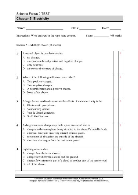 Science Focus 2 - Chapter Tests - Pearson Australia Media Resources