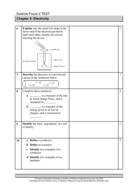 Science Focus 2 - Chapter Tests - Pearson Australia Media Resources