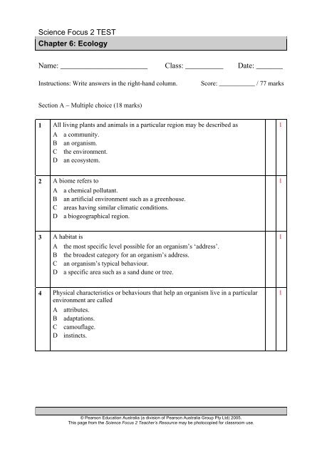 Science Focus 2 - Chapter Tests - Pearson Australia Media Resources