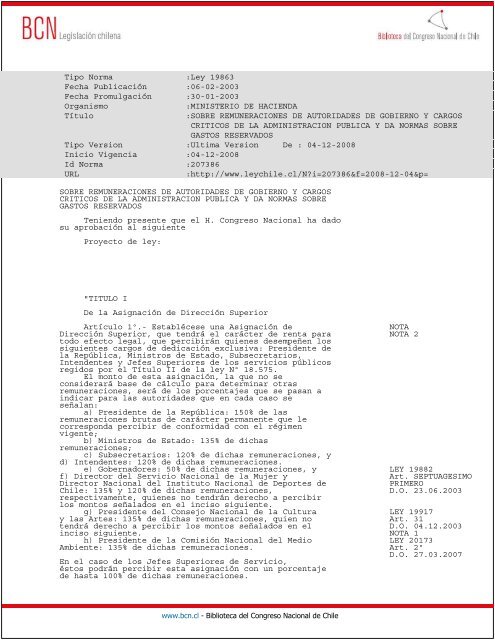 Tipo Norma :Ley 19863 Fecha Publicación :06-02-2003 Fecha ...