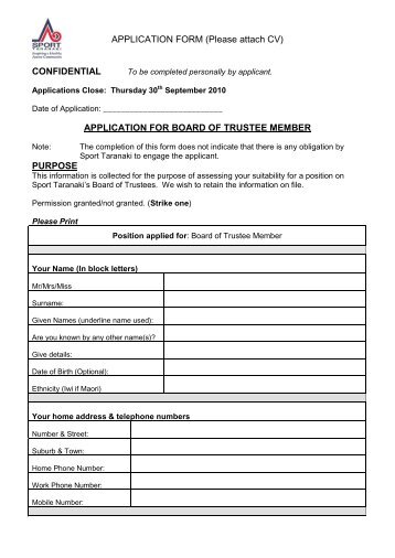 APPLICATION FORM (Please attach CV ... - Sport Taranaki