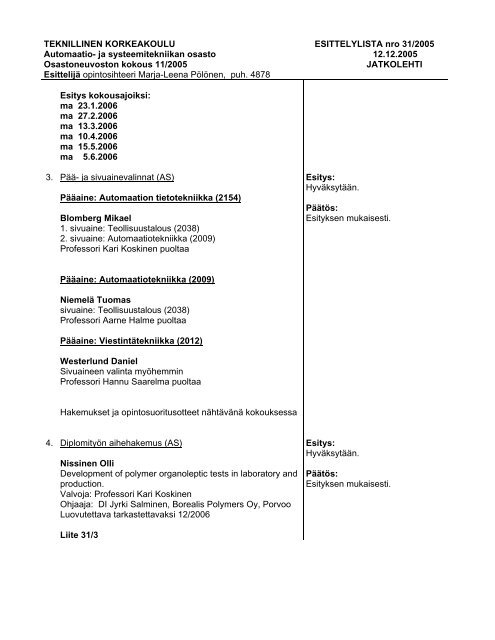 pÃ¶ytÃ¤kirja - Automaatio- ja systeemitekniikan laitos