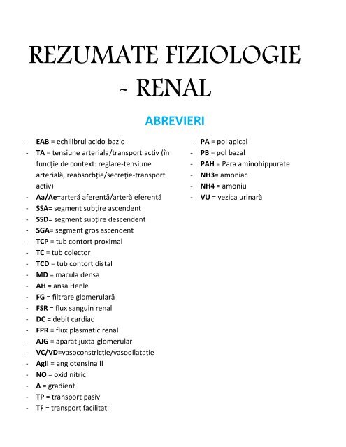 REZUMATE FIZIOLOGIE - RENAL - OvidiusMD