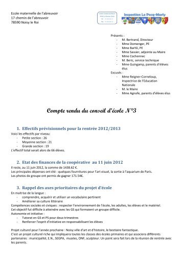 Compte rendu du conseil d'école N°3 - Maternelle de l'abreuvoir