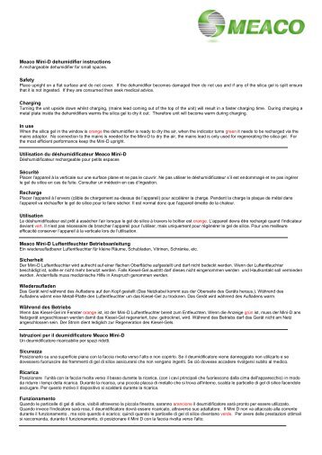 Meaco Mini-D dehumidifier instructions Safety Charging In use ...